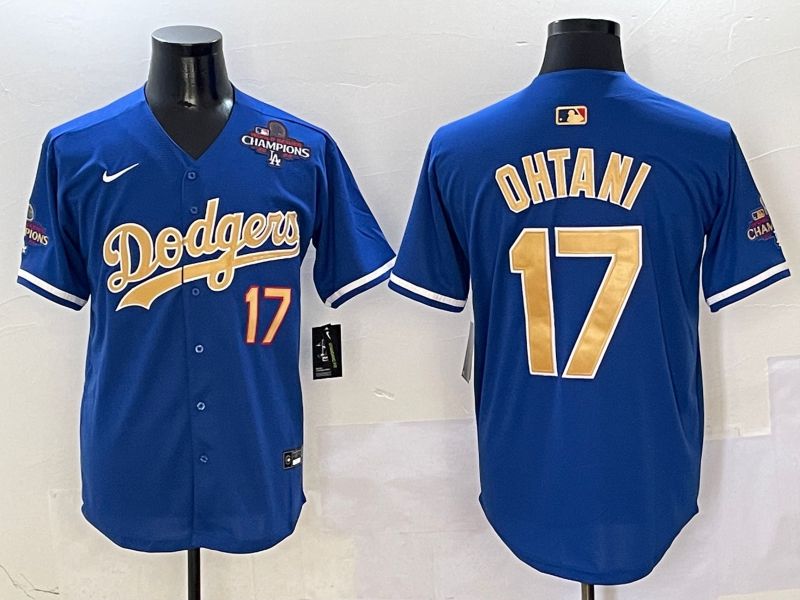 Men Los Angeles Dodgers 17 Ohtani Blue Champion gold character 2025 Nike MLB Jersey style 4094